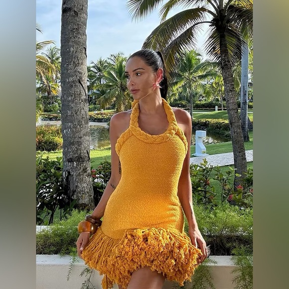 Micas Hand braided lioness Mustard Yellow Dress size M mc7-37 - Picture 2 of 8